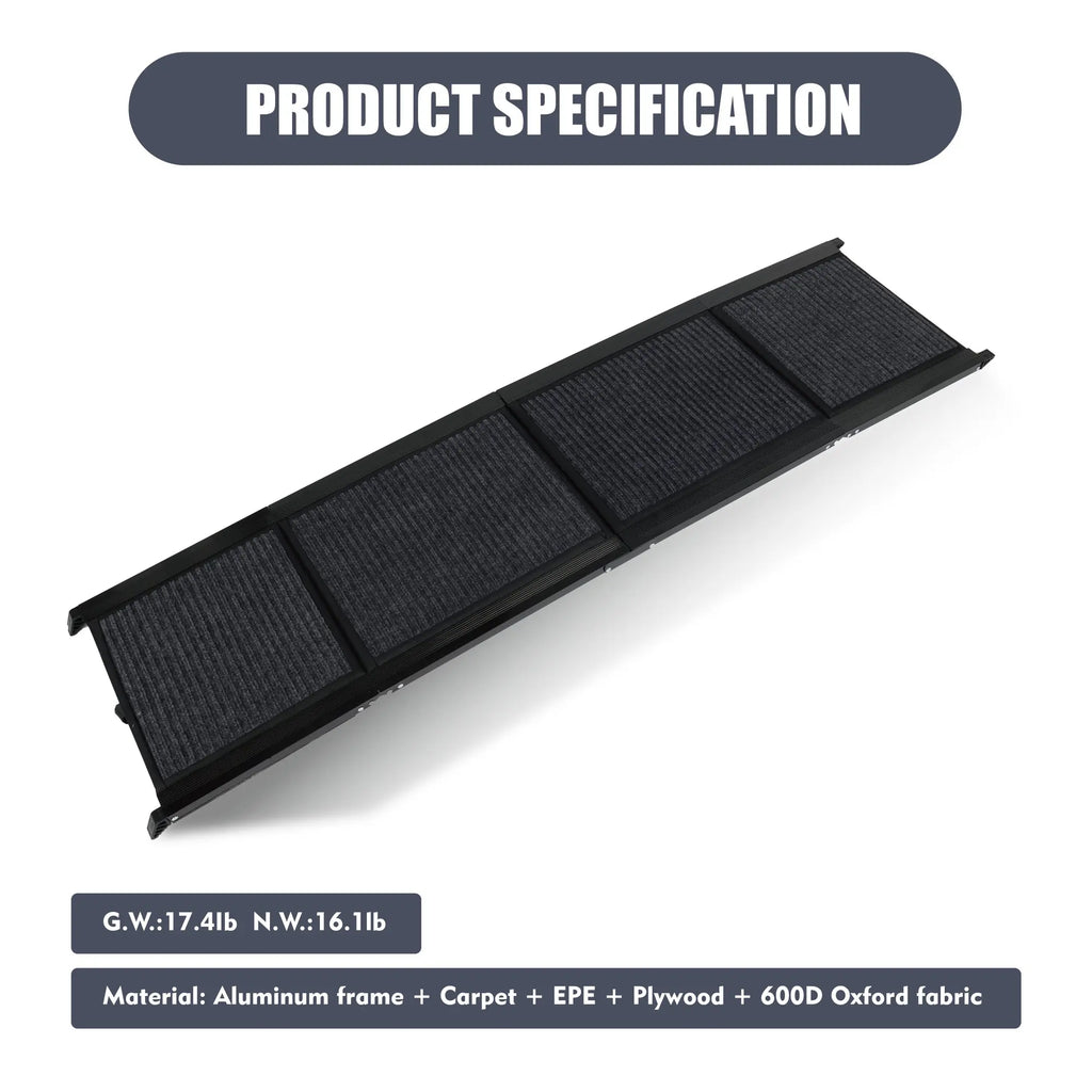Black 65-inch folding aluminum dog car ramp with non-slip surface — side view
