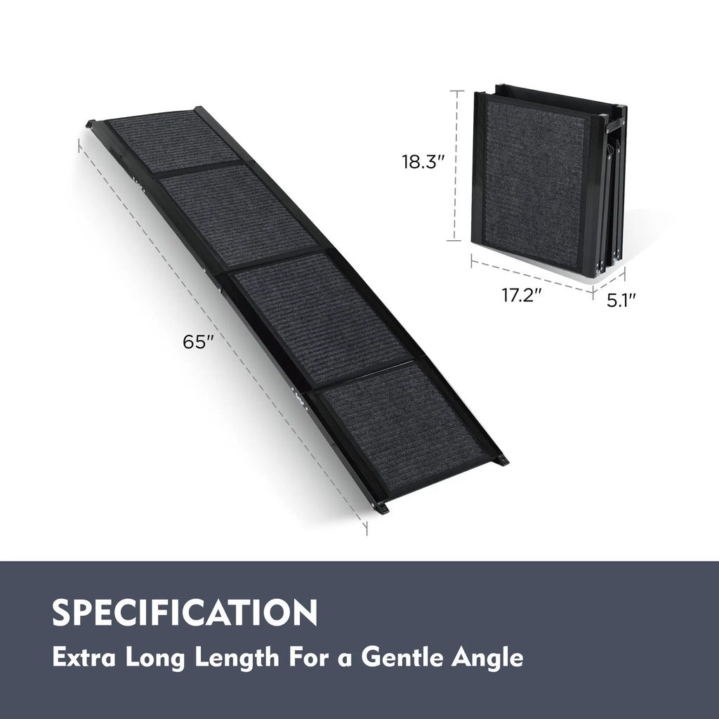 Black 65-inch folding aluminum dog car ramp with non-slip surface — close-up detail