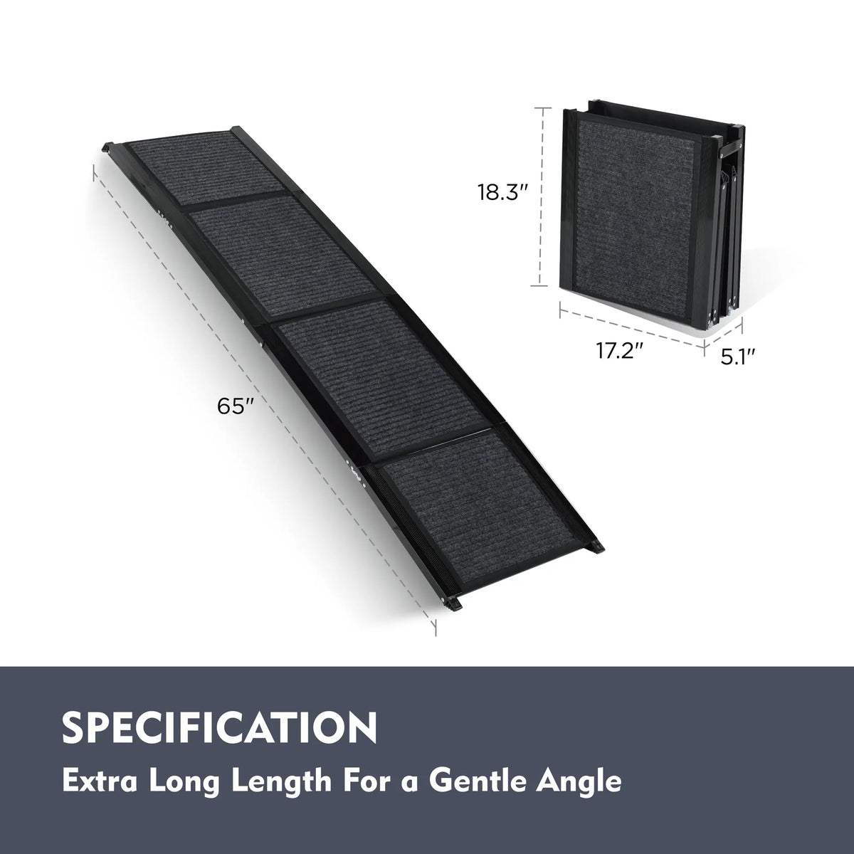 Black 65-inch folding aluminum dog car ramp with non-slip surface — close-up detail