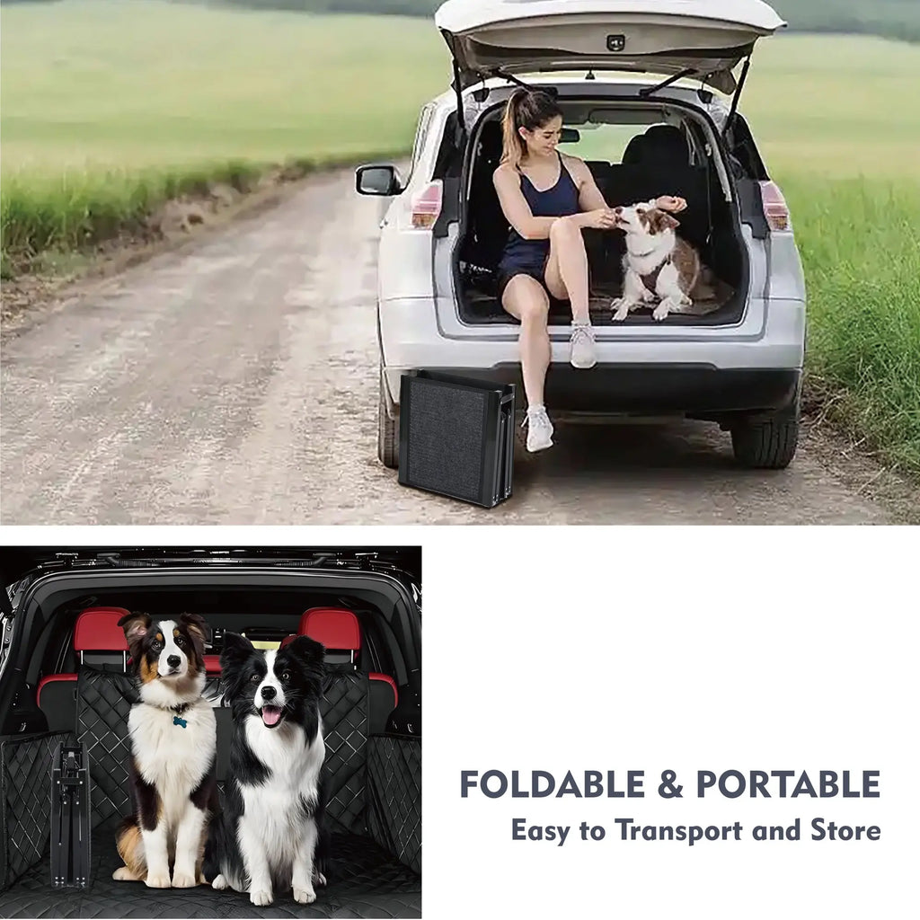Black 65-inch folding aluminum dog car ramp with non-slip surface — assembly detail