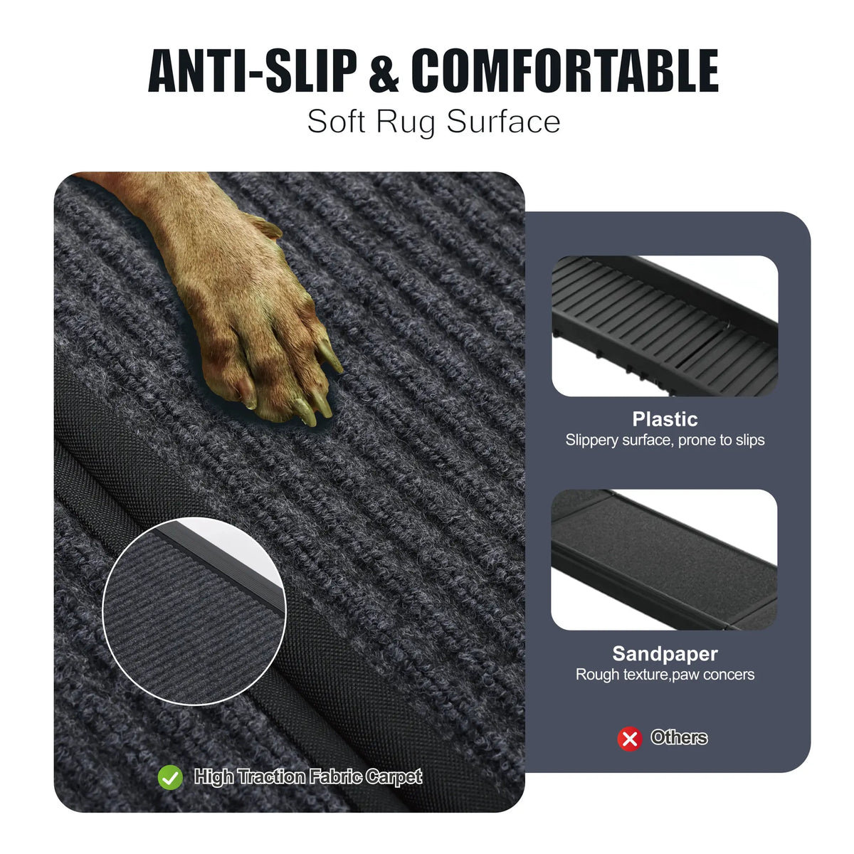 Black 65-inch folding aluminum dog car ramp with non-slip surface — storage view