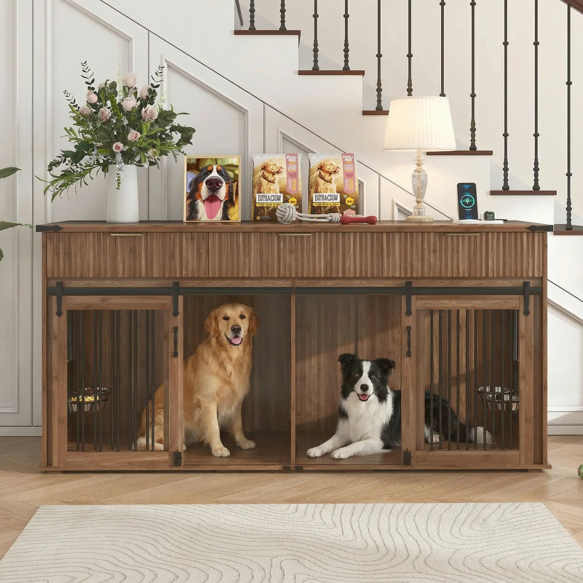 Walnut double dog crate furniture with drawers and rotating feeders — main product view Main image