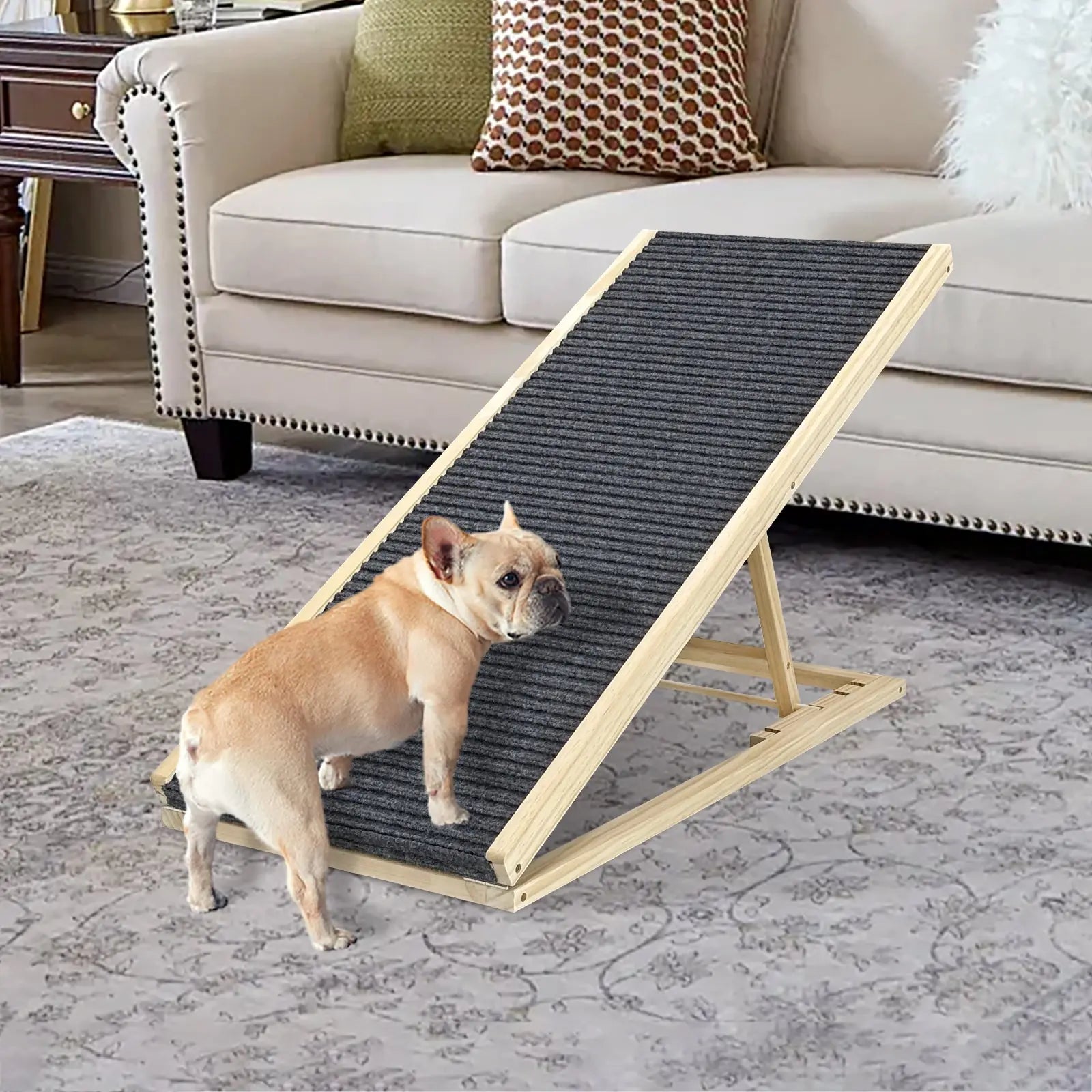 Adjustable wooden dog ramp with non-slip carpet beside a couch Main image
