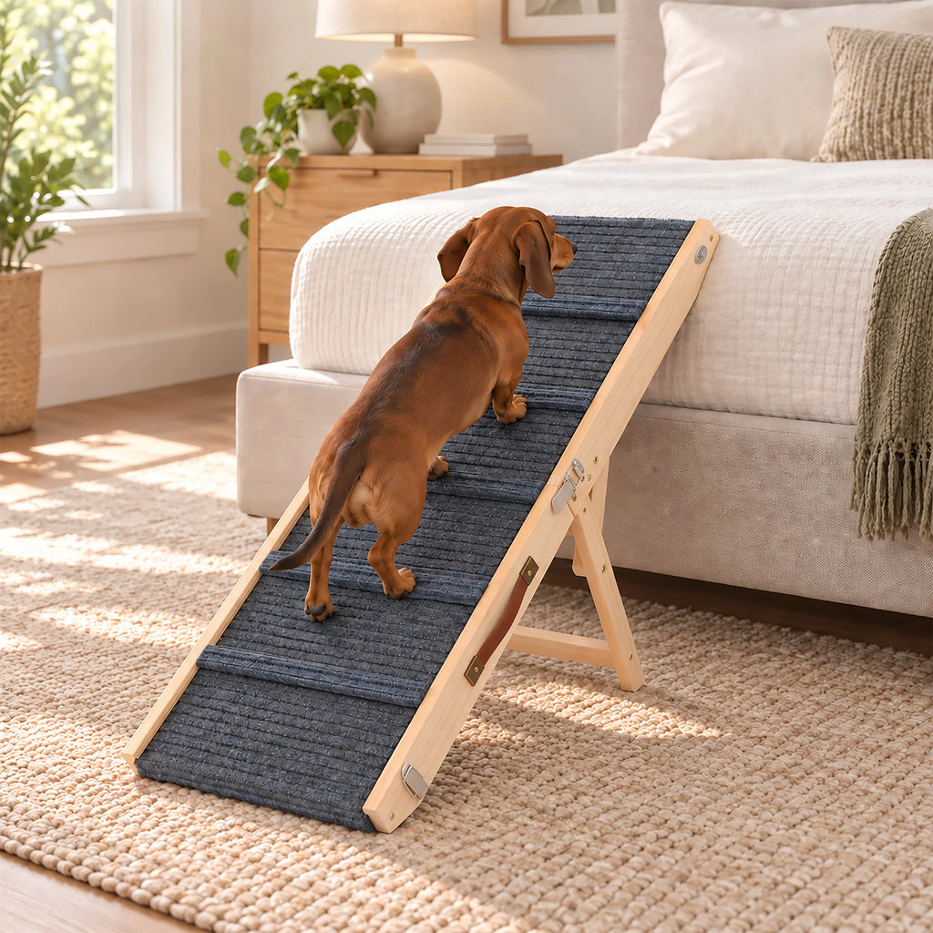 Adjustable Wooden Dog Ramp for Beds and Sofas — dog using ramp by a bed