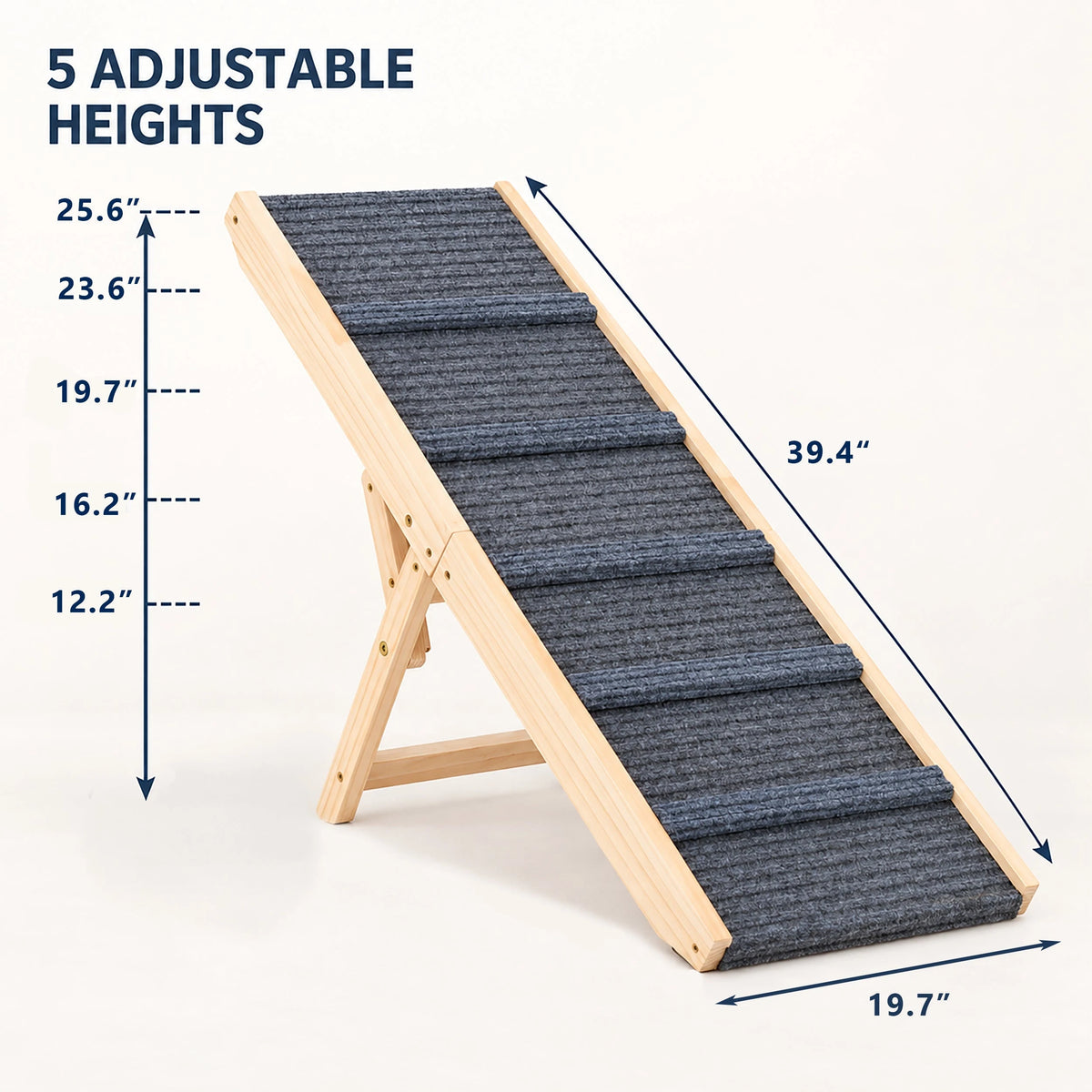 Adjustable Wooden Dog Ramp for Beds and Sofas — five adjustable height settings