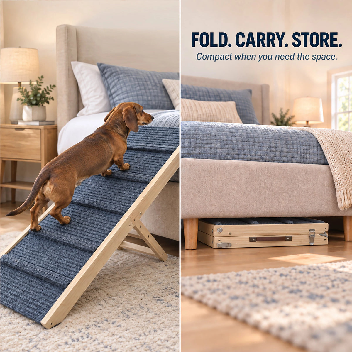 Adjustable Wooden Dog Ramp for Beds and Sofas — folded ramp storage