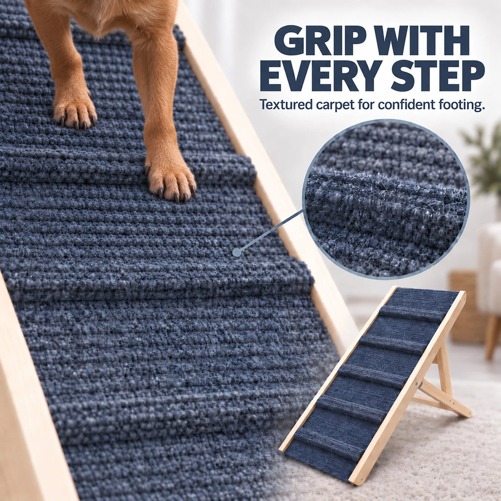 Adjustable Wooden Dog Ramp for Beds and Sofas — carpet and crossbar detail