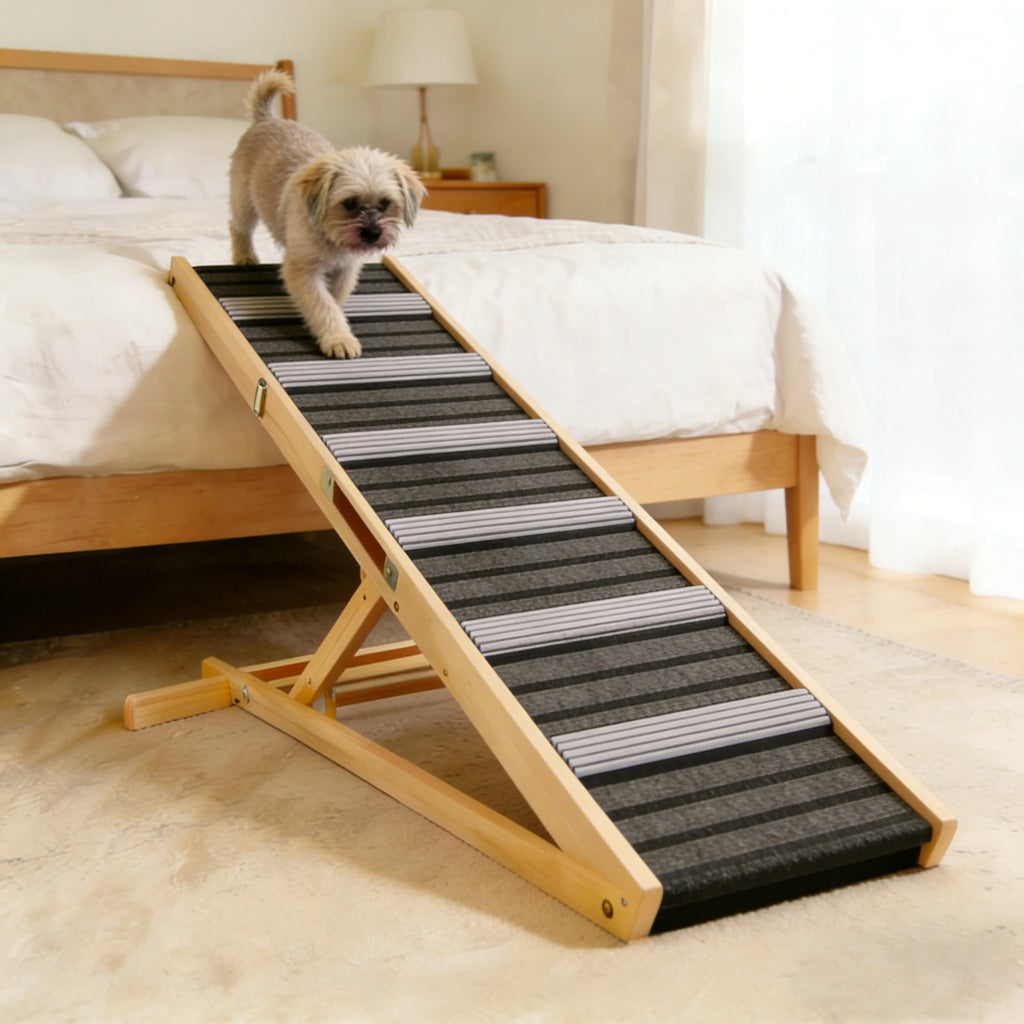 Small dog using a wooden ramp beside a bed