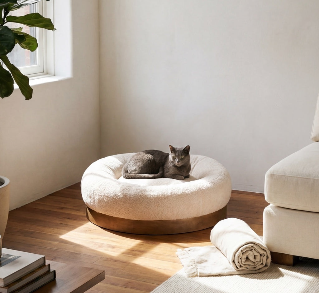 Cat resting in a beige round plush pet bed