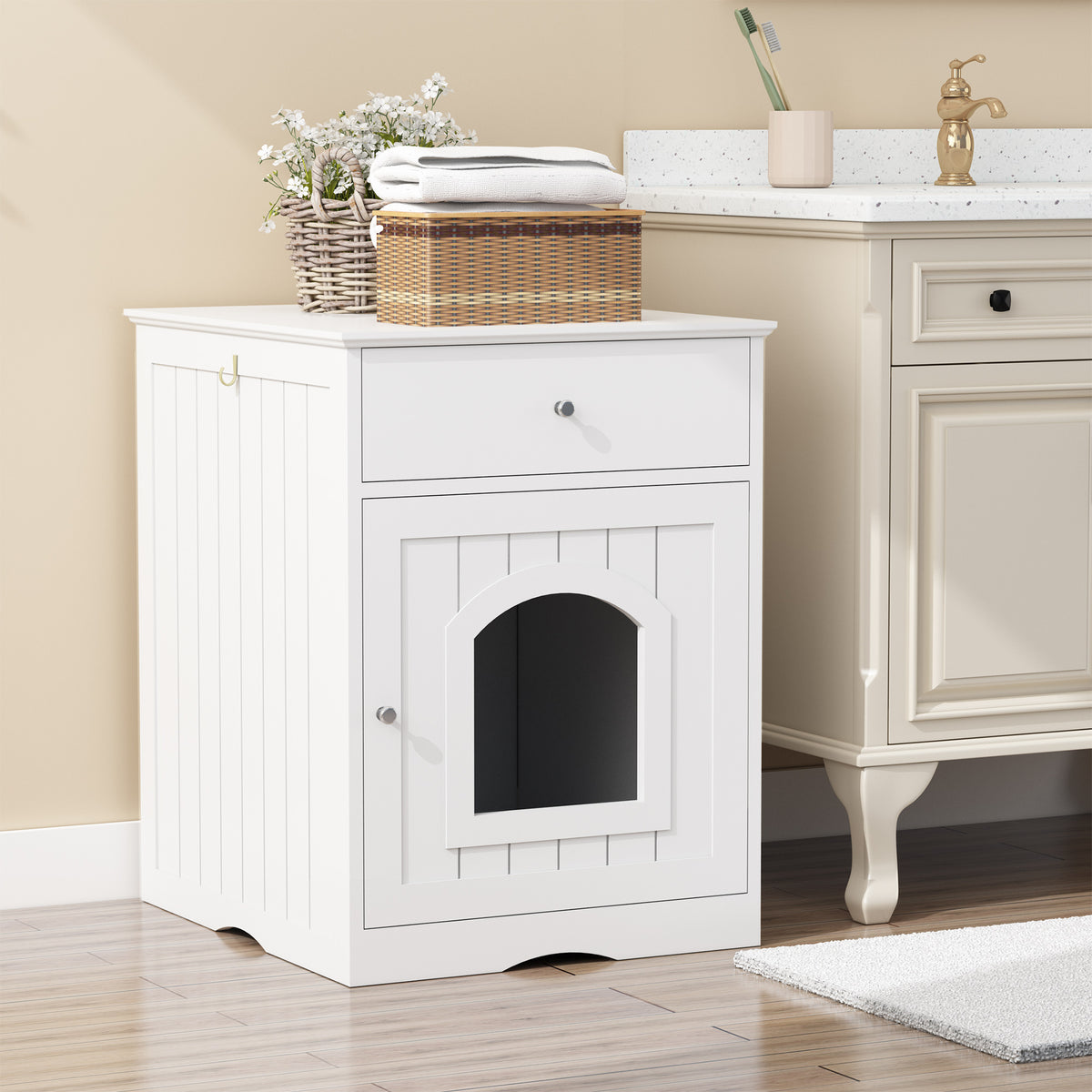 Hidden Cat Litter Box Enclosure with Drawer, White - W80863135 - product view 2 Main image