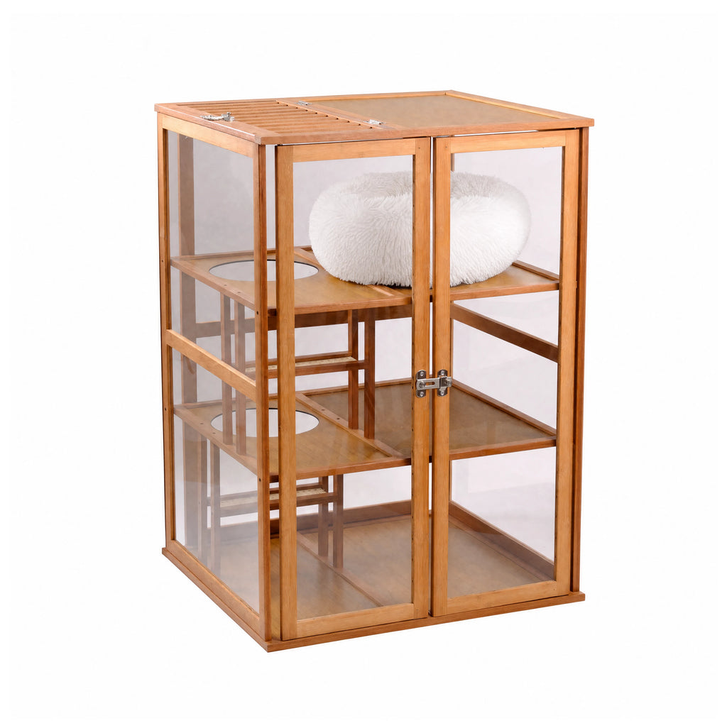 Bamboo Indoor Cat Enclosure with Clear Panels — closed enclosure view