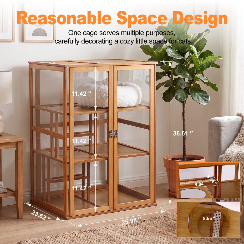 Bamboo Indoor Cat Enclosure with Clear Panels — platform and opening dimensions