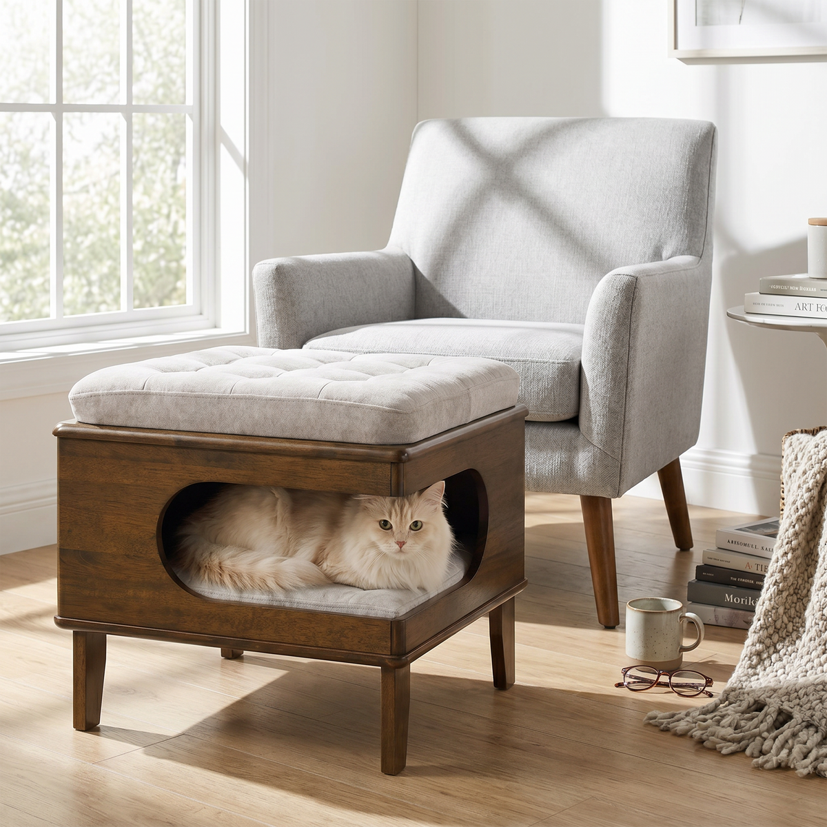 2-in-1 Cat Bed Ottoman with Rubberwood Frame, Walnut - N775P450586B - product view 3