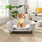 Beige Corduroy Dog Sofa Bed with Wood Legs — small dog on corduroy sofa