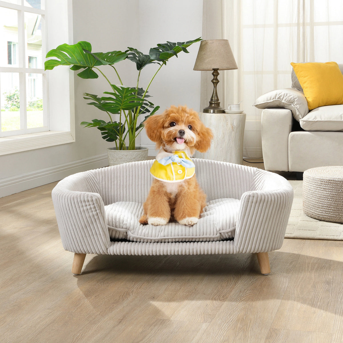 Beige Corduroy Dog Sofa Bed with Wood Legs — small dog on corduroy sofa Main image