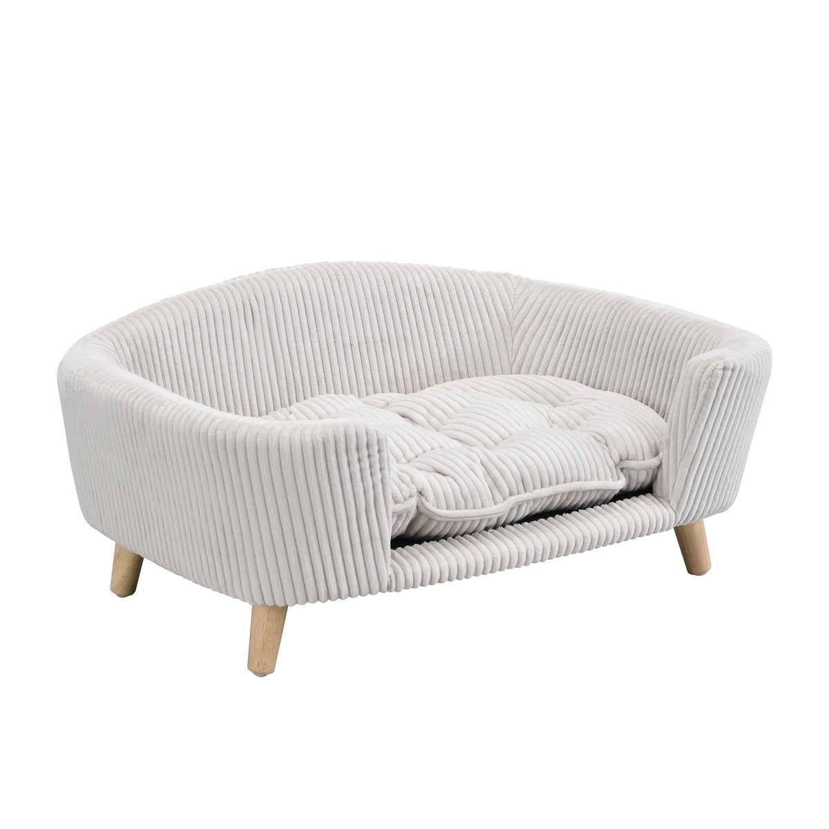 Beige Corduroy Dog Sofa Bed with Wood Legs — angled sofa view