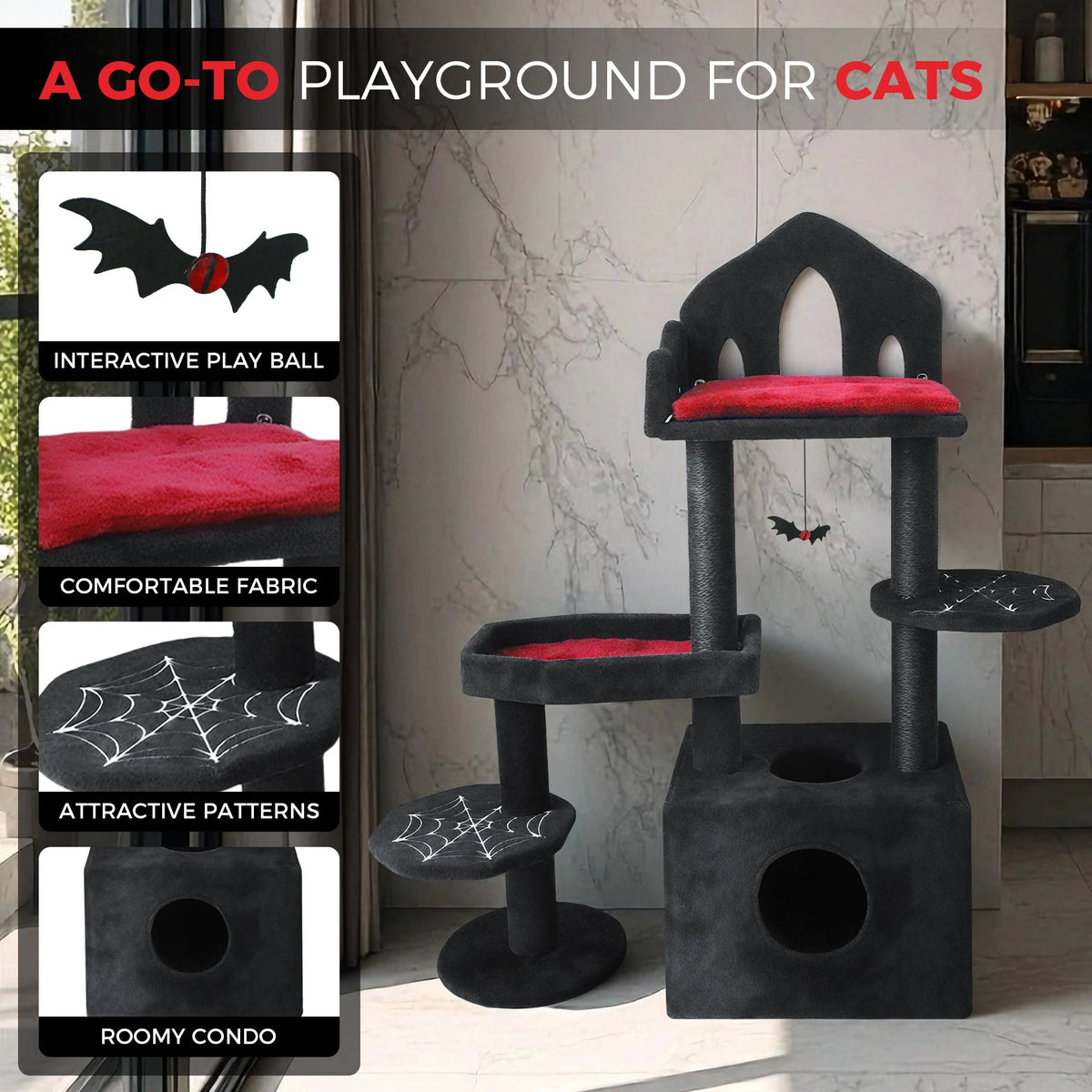 Black Gothic Cat Tree with Coffin Perch and Condo — perch and condo details