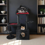 Black Gothic Cat Tree with Coffin Perch and Condo — cats resting on the tree