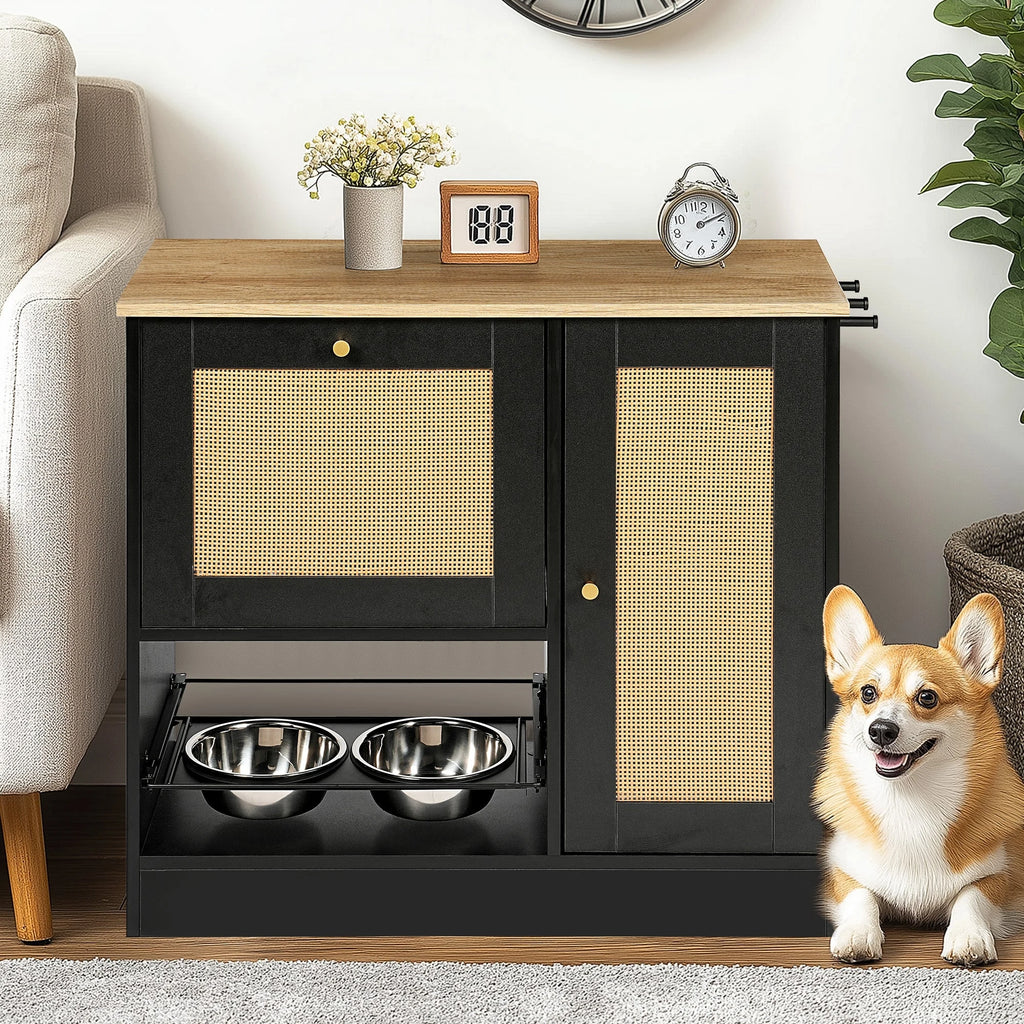 Black dog feeding cabinet with rattan-style doors beside a corgi in a living room