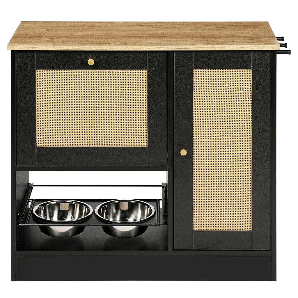 Front view of black feeding station with two stainless steel bowls