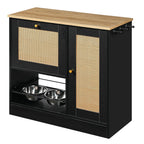 Angled view of feeding cabinet with wood-look top and side hooks