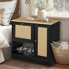 Pet feeding station with woven-look doors beside a window