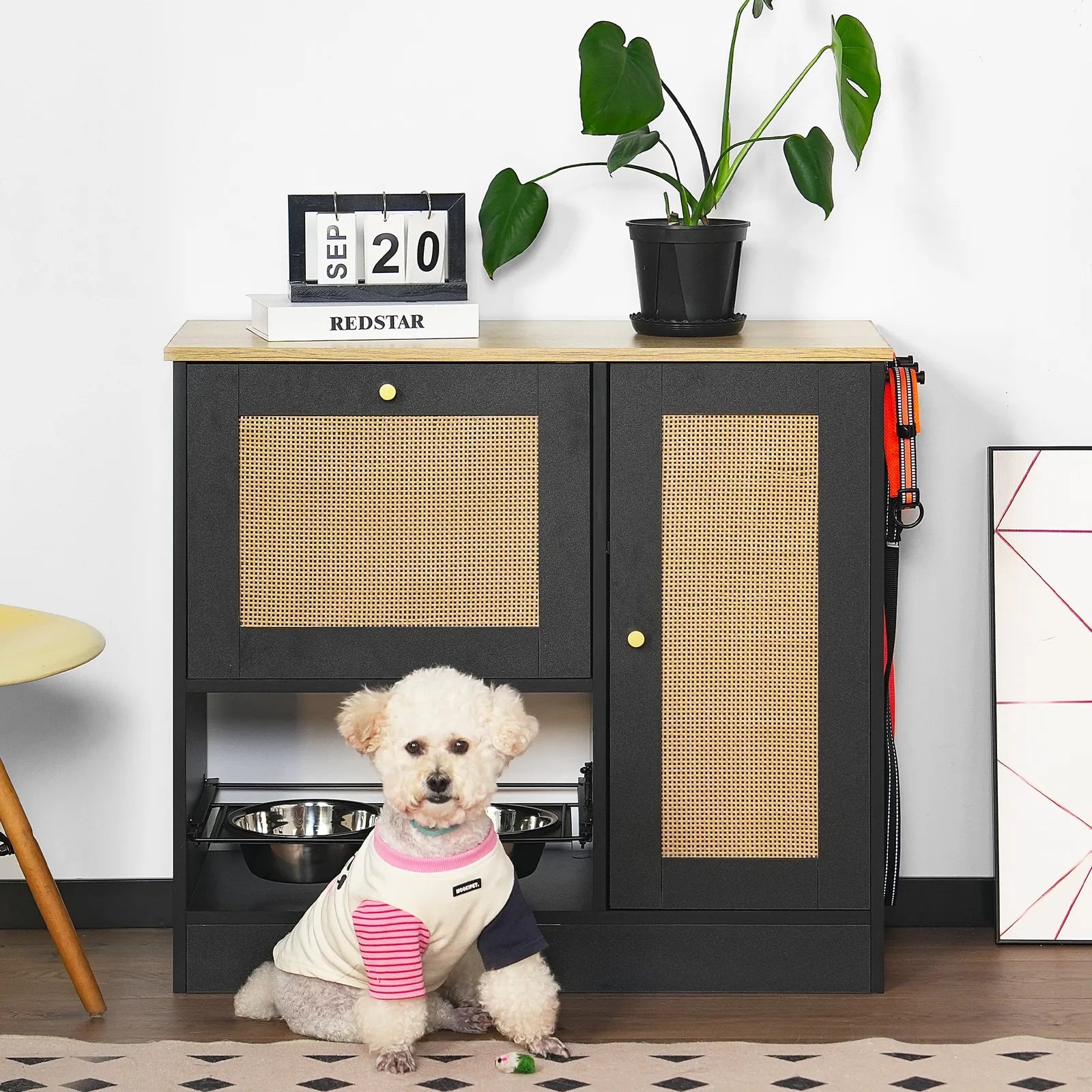 Black Rattan-Style Dog Feeding Station with Storage W1687P246775 Secondary image