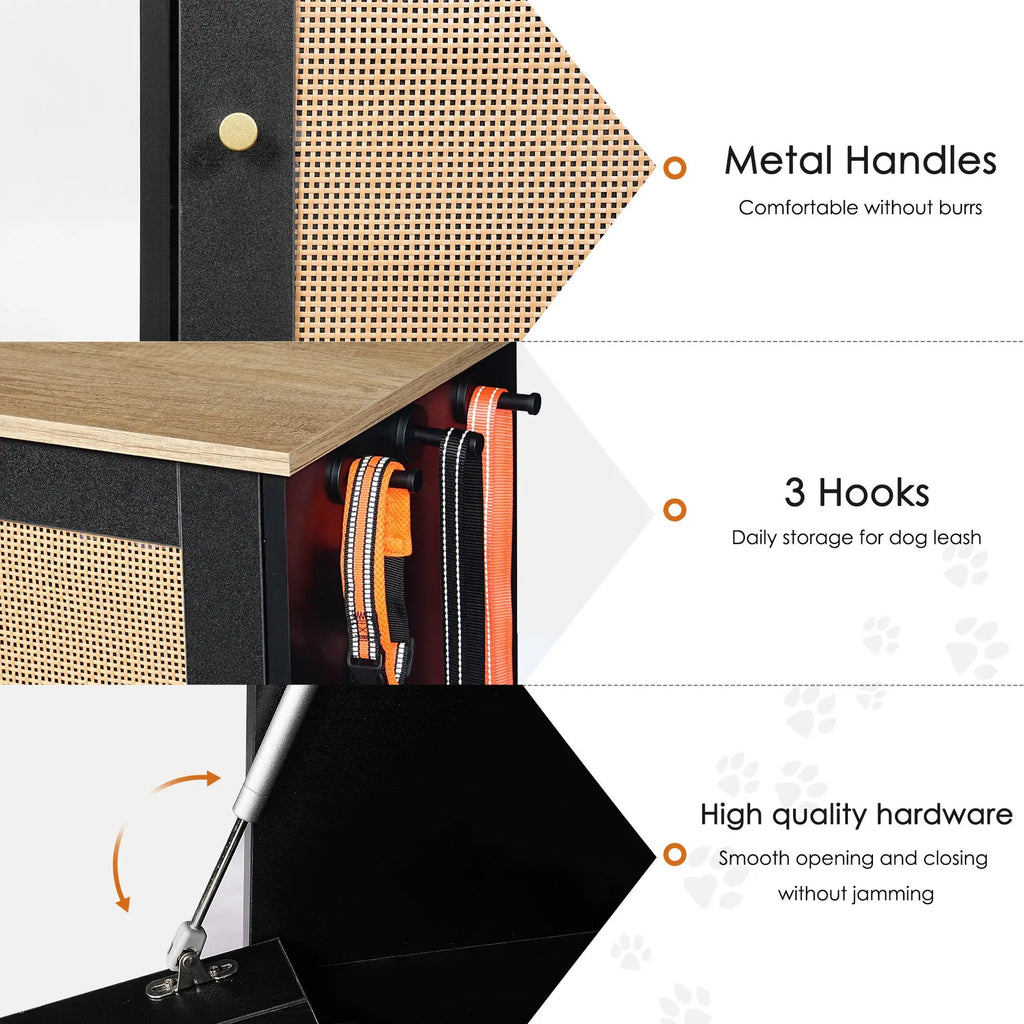 Metal handles, three side hooks and cabinet hinge details