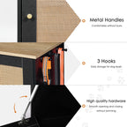Metal handles, three side hooks and cabinet hinge details