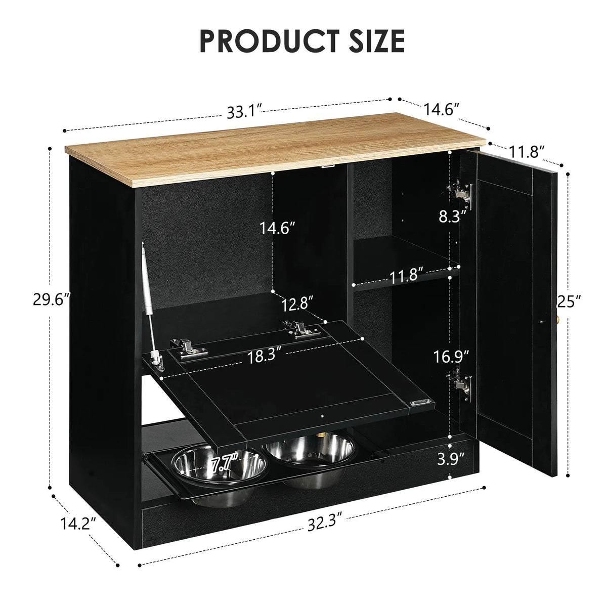 Feeding cabinet overall and compartment dimensions in inches