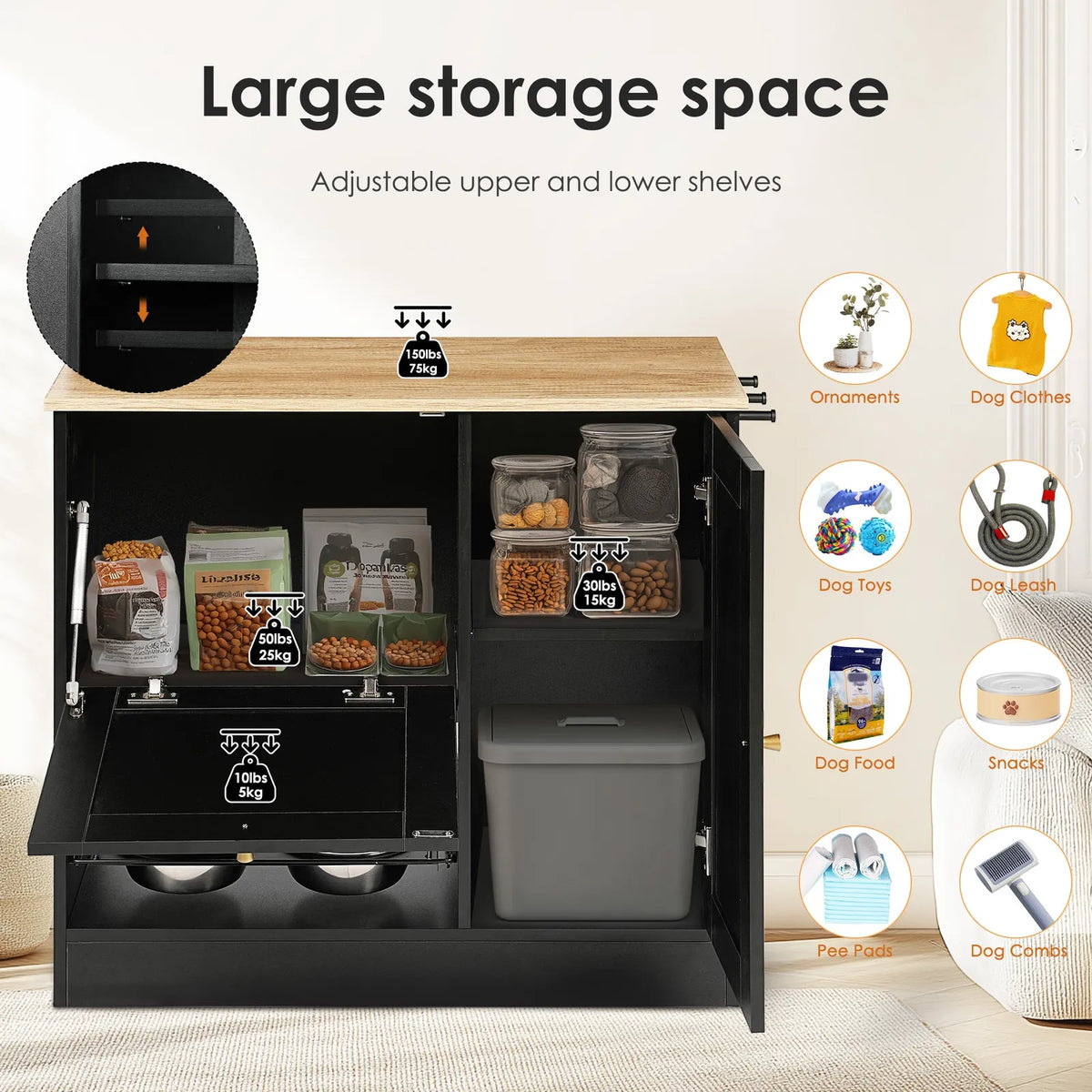 Two storage compartments and adjustable shelving for pet supplies