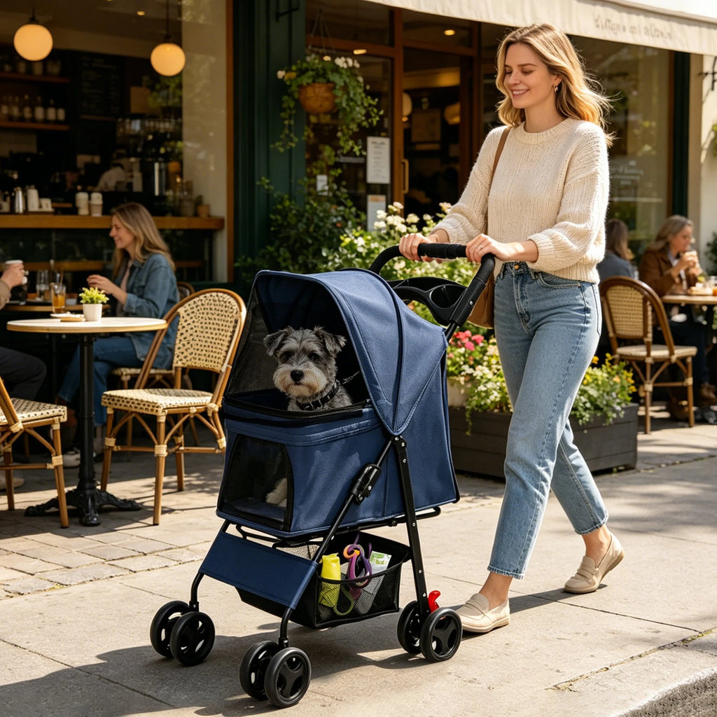 Blue Foldable Pet Stroller with Storage Basket — pet stroller on a walk