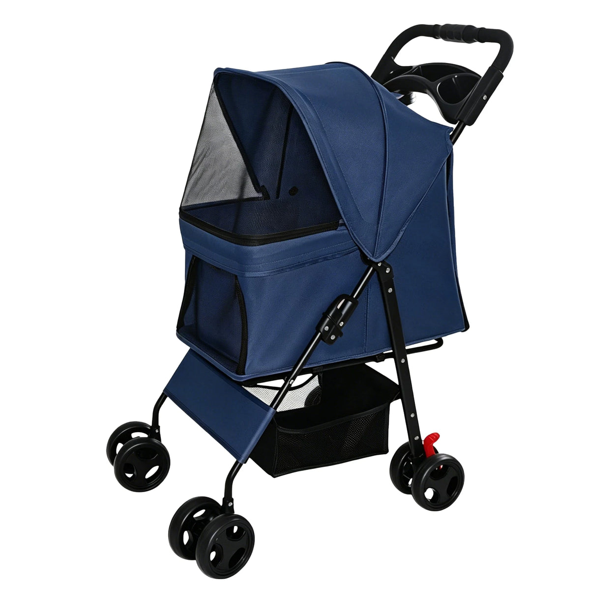 Blue Foldable Pet Stroller with Storage Basket — front product view