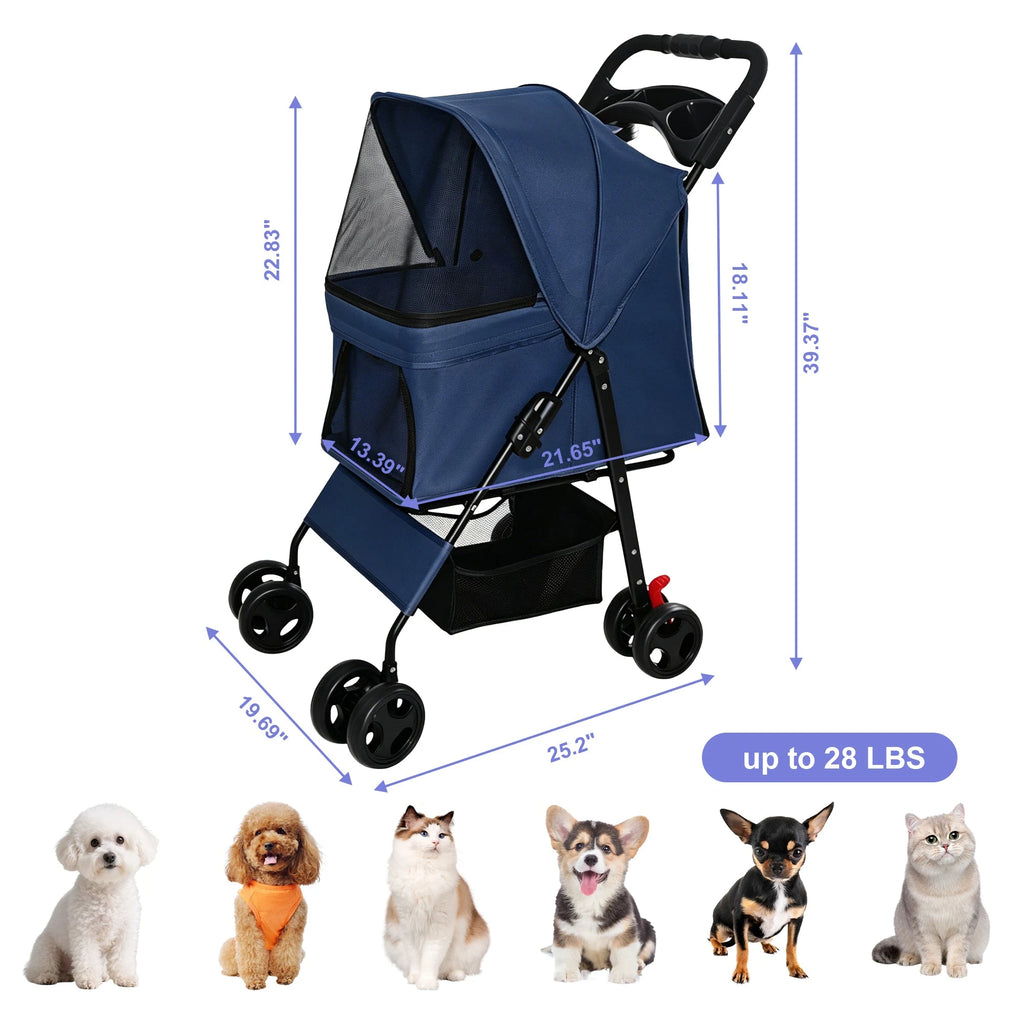 Blue Foldable Pet Stroller with Storage Basket — stroller dimensions and pet limit