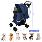 Blue Foldable Pet Stroller with Storage Basket — stroller dimensions and pet limit