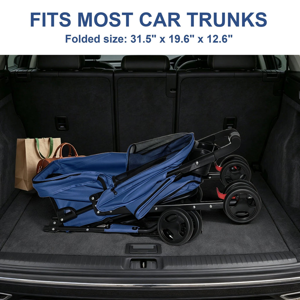 Blue Foldable Pet Stroller with Storage Basket — folded stroller dimensions