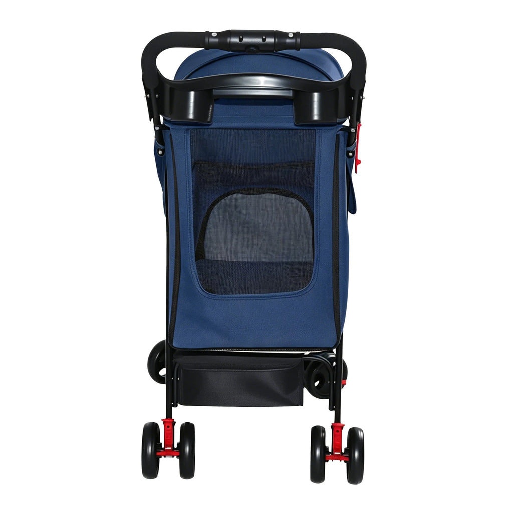 Blue Foldable Pet Stroller with Storage Basket — rear view and tray