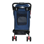 Blue Foldable Pet Stroller with Storage Basket — rear view and tray