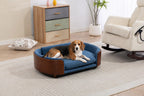 Beagle resting on a blue velvet wooden dog sofa
