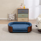 Front product view of a blue velvet wooden dog sofa