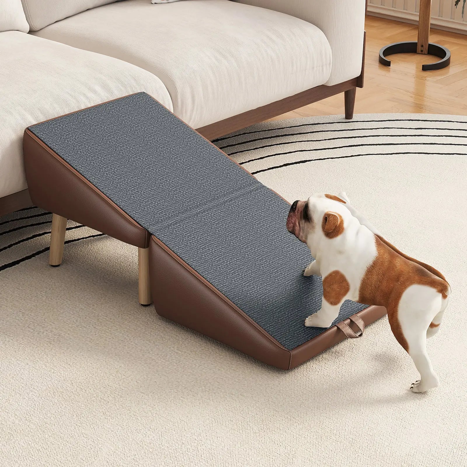 Brown 2-in-1 wooden pet ramp beside a couch