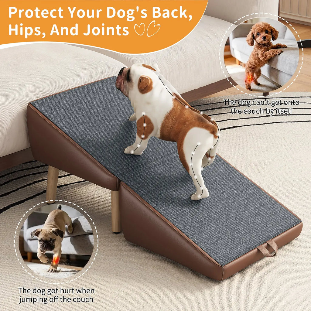 Low-angle pet ramp supporting a dog beside a couch