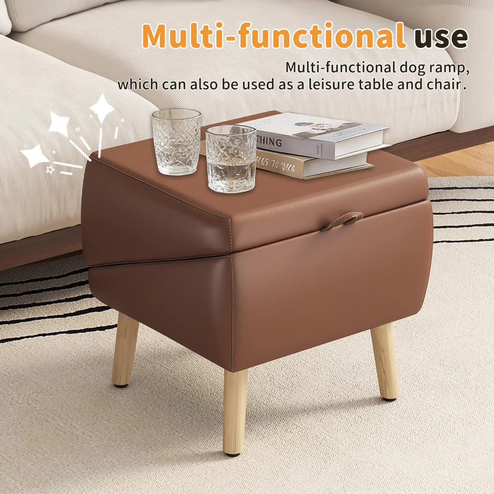 Brown pet ottoman used as a small side table