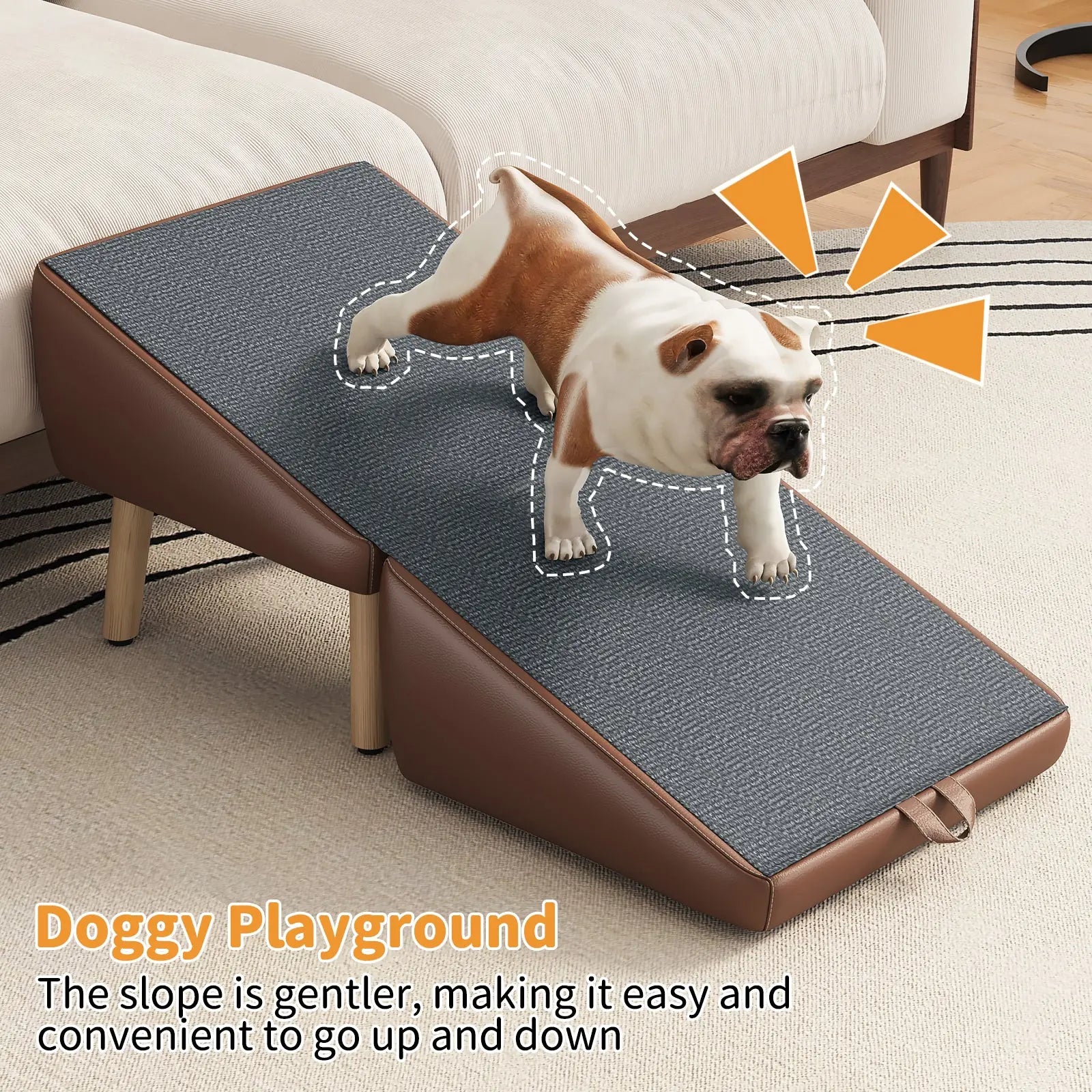 Small dog using the gentle-slope pet ramp