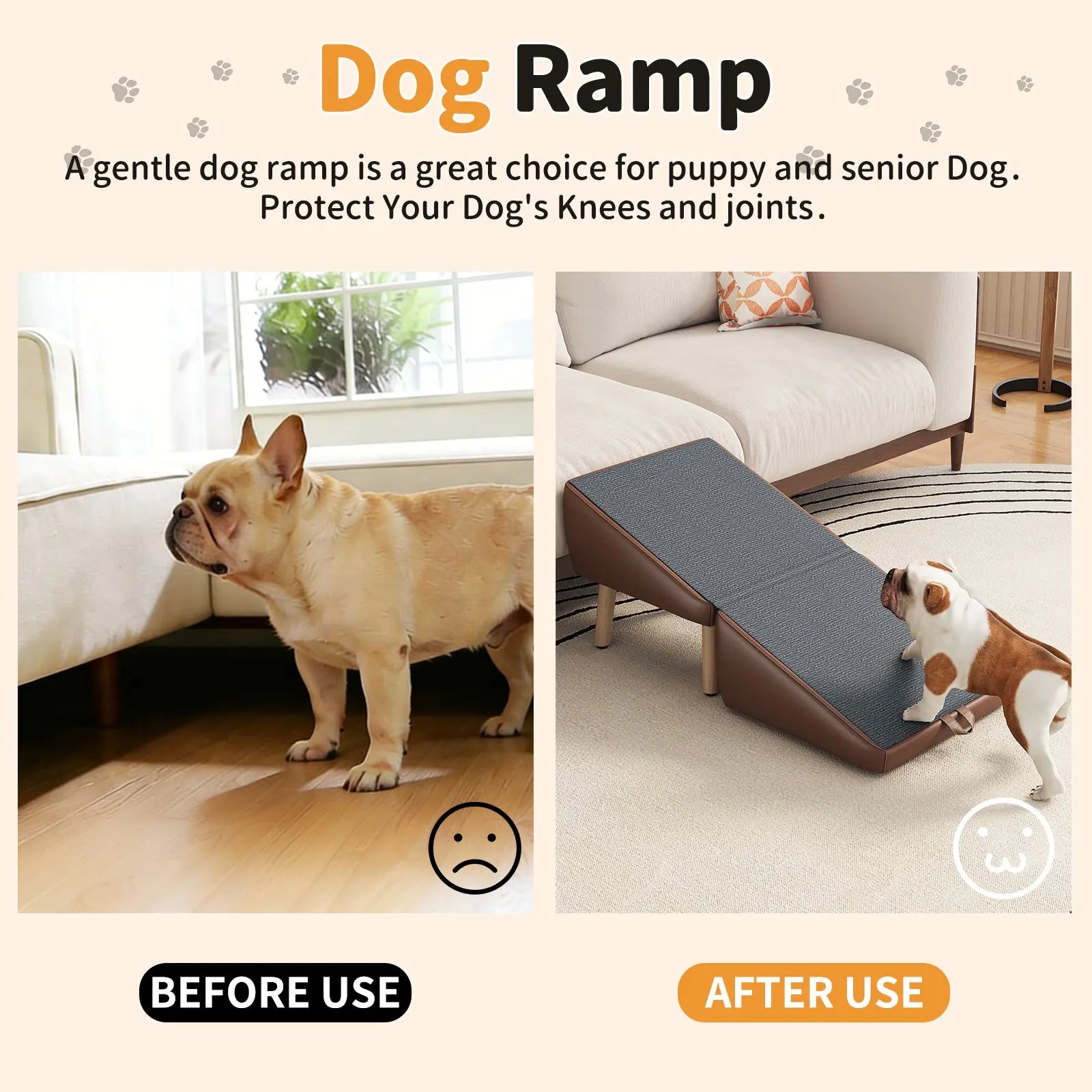 Pet ramp before-and-after couch access comparison