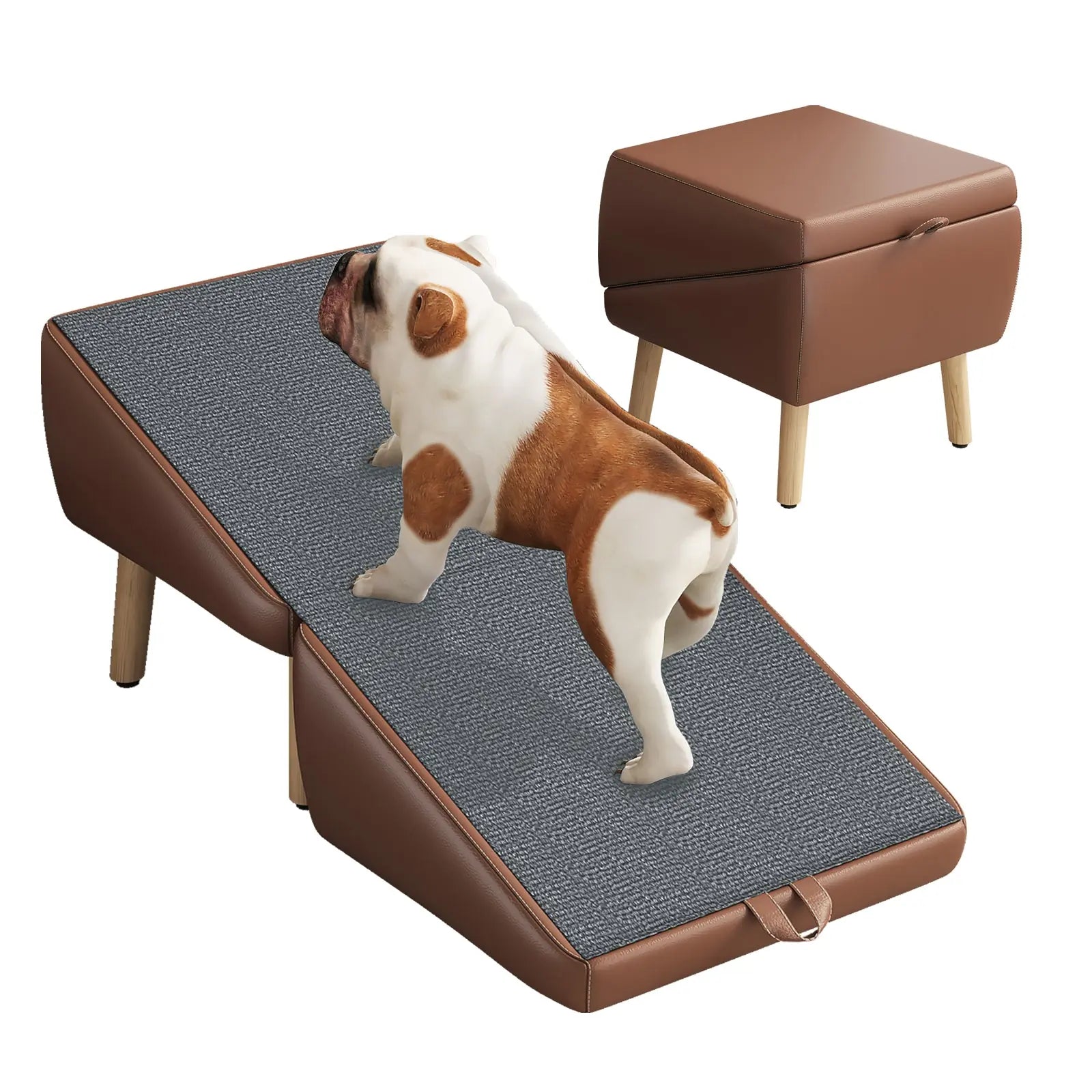 Brown foldable pet ramp product view with dog
