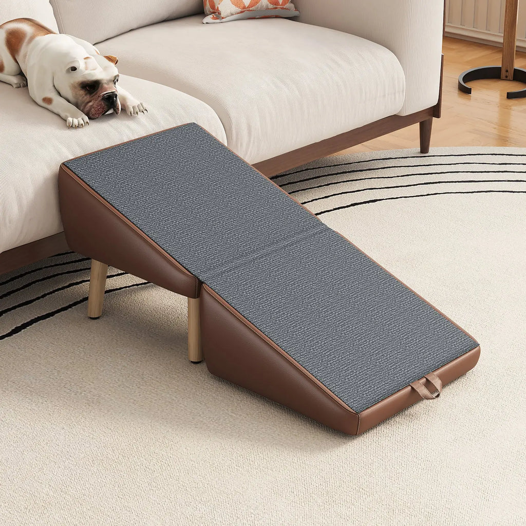 Brown pet ramp opened beside a couch