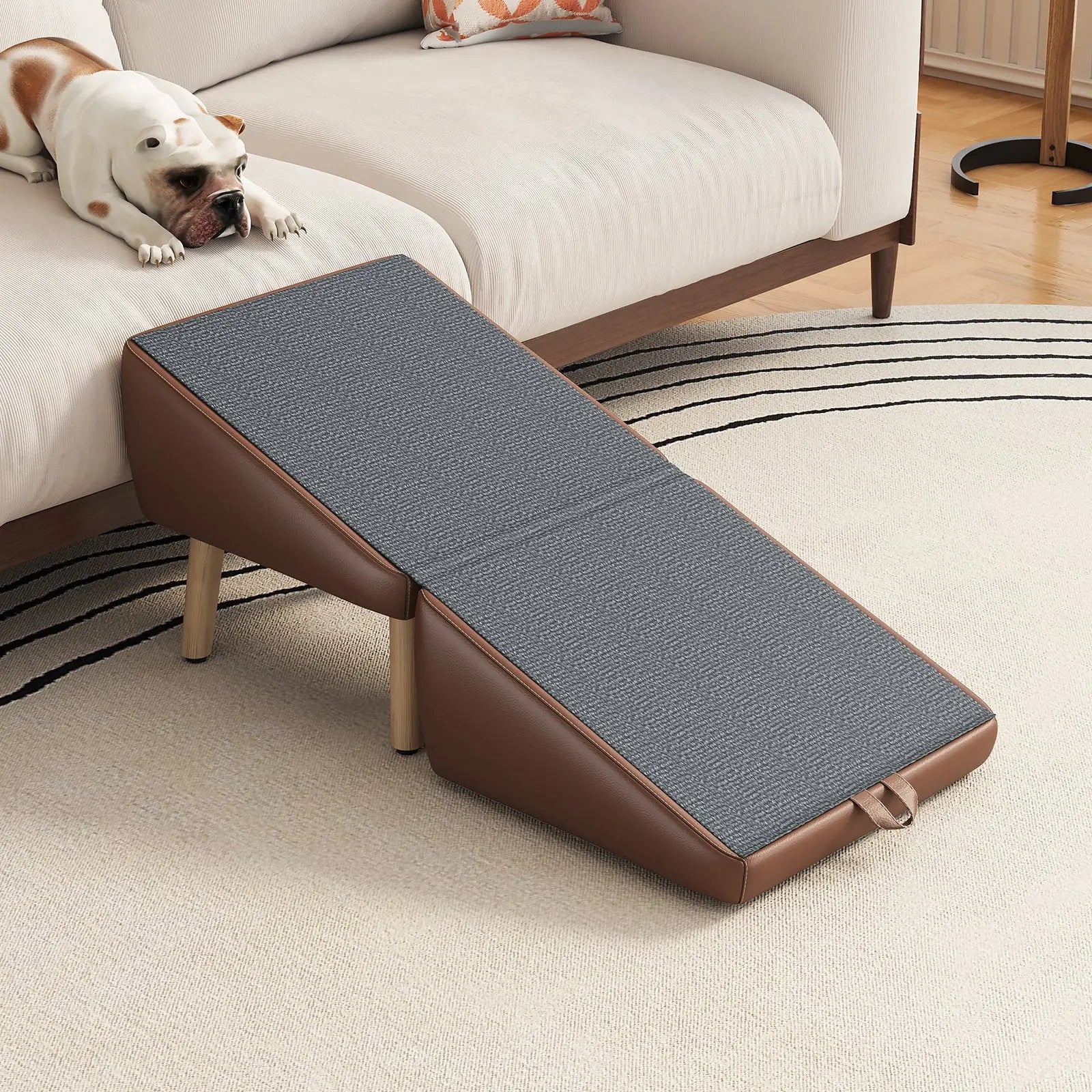 Brown pet ramp opened beside a couch