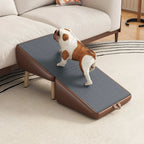 Small dog climbing the foldable pet ramp