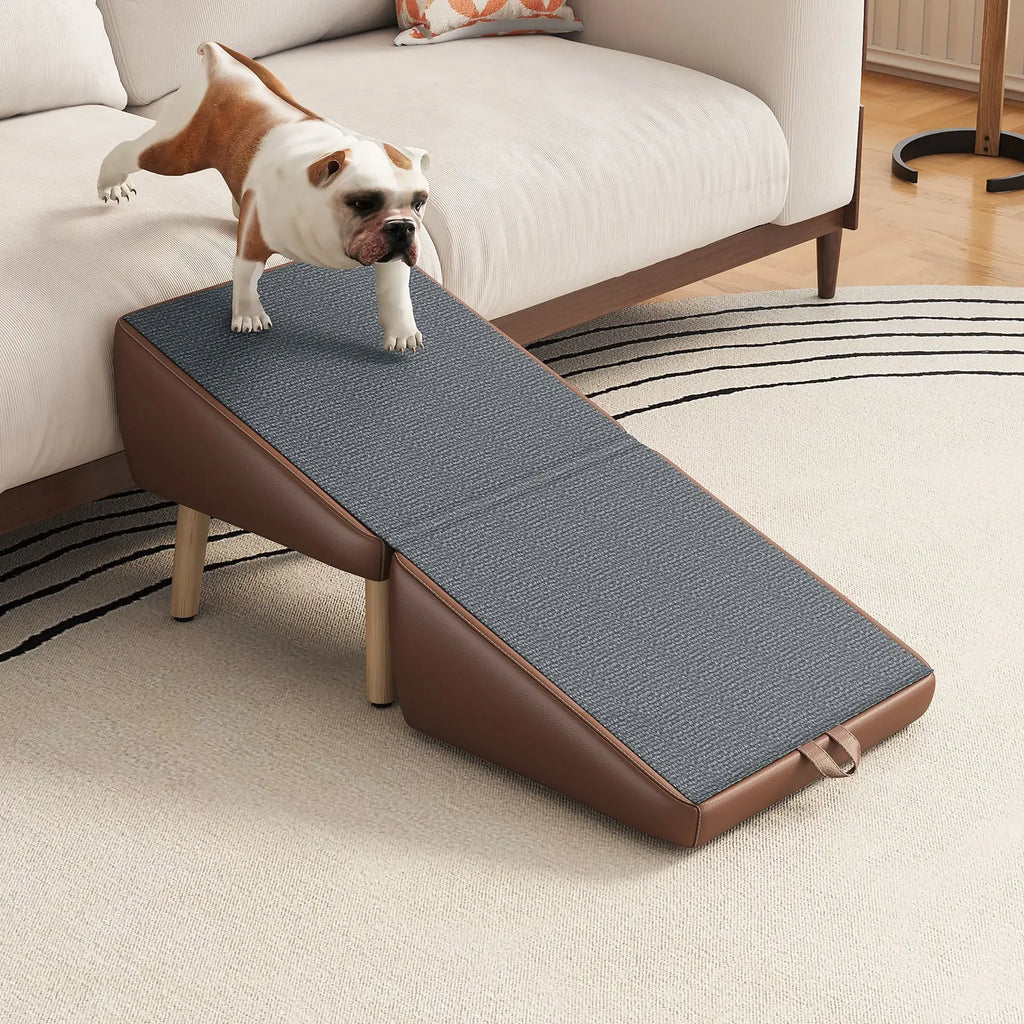 Dog walking along the high-traction ramp surface